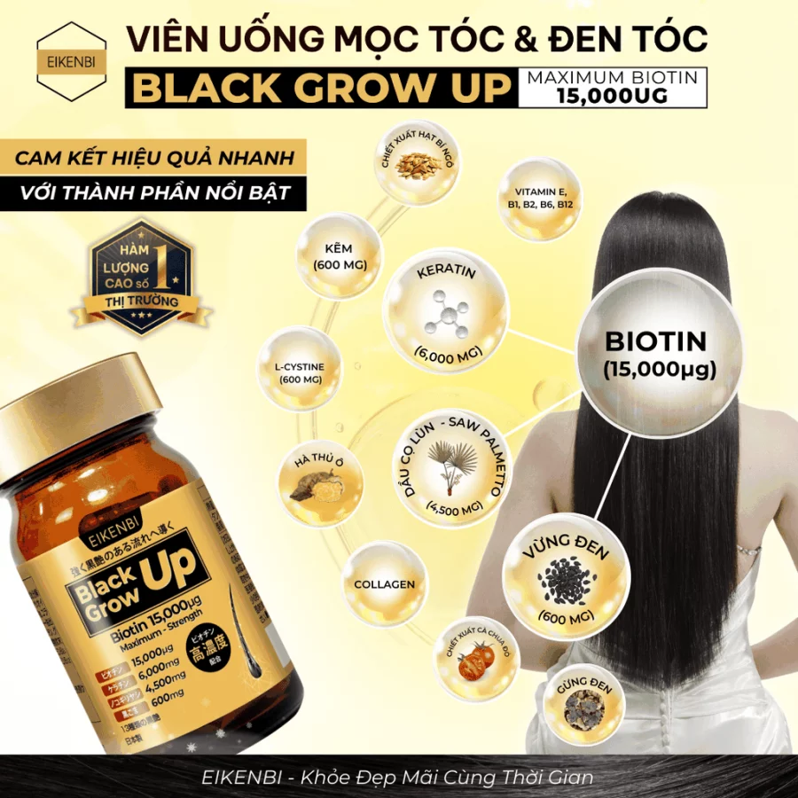 Viên Uống Mọc Tóc & Đen Tóc Black Grow Up Maximum Biotin 15,000µg [Hộp 60 viên] - Ảnh 4