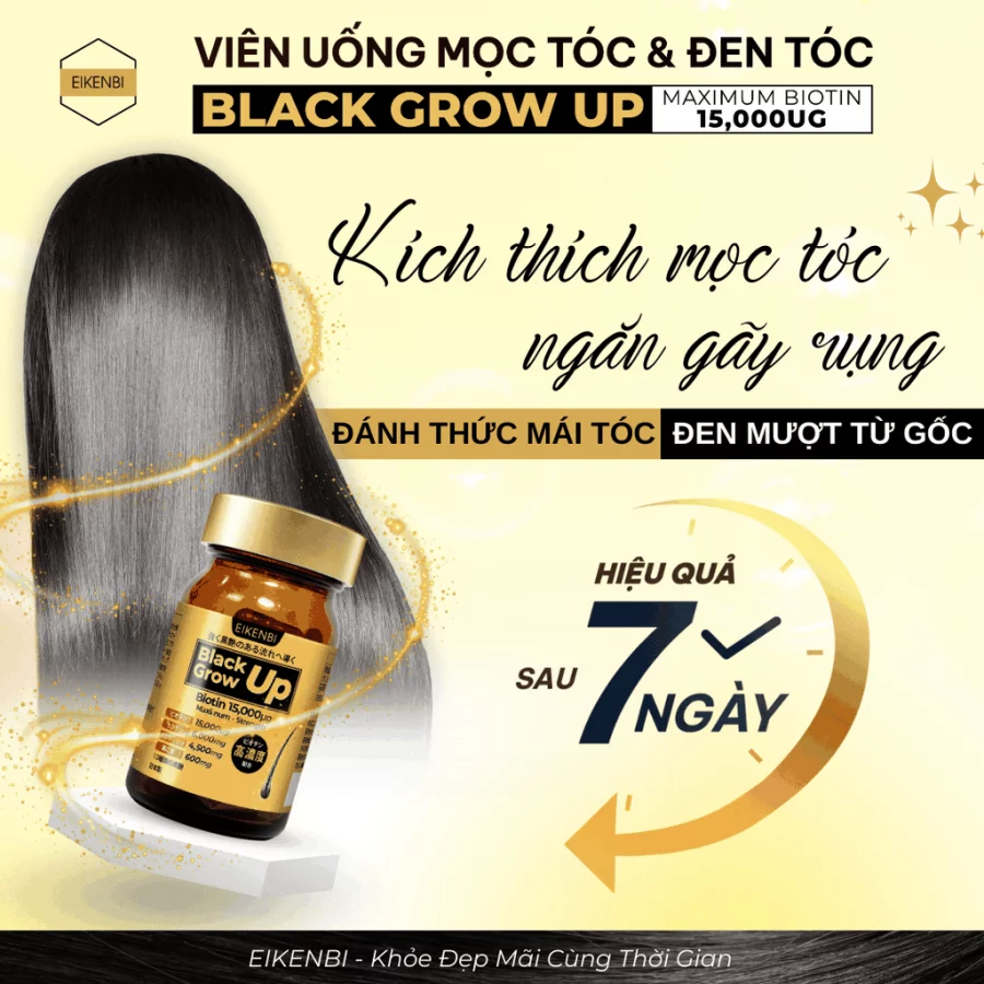 Viên Uống Mọc Tóc & Đen Tóc Black Grow Up Maximum Biotin 15,000µg [Hộp 60 viên] - Ảnh 2